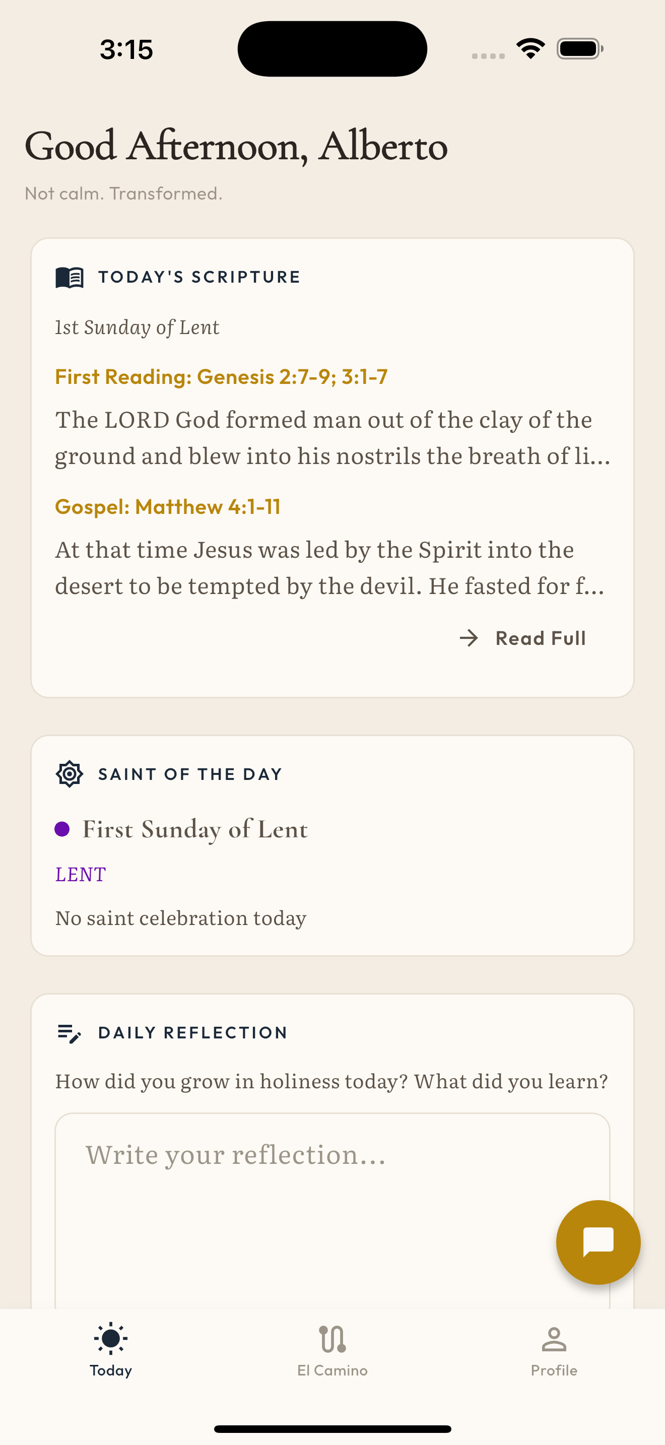 Phos app Today screen showing daily saint and scripture
